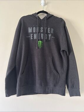 Monster Energy Drink Logo Gray Hooded Sweatshirt Med Kangaroo Pockets Cotton Bld